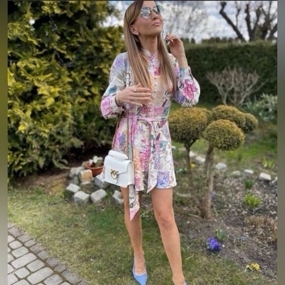 ZARA Floral Patchwork Linen Blend Long Sleeve Mini Dress Small 2725/119/330 - Picture 6 of 16